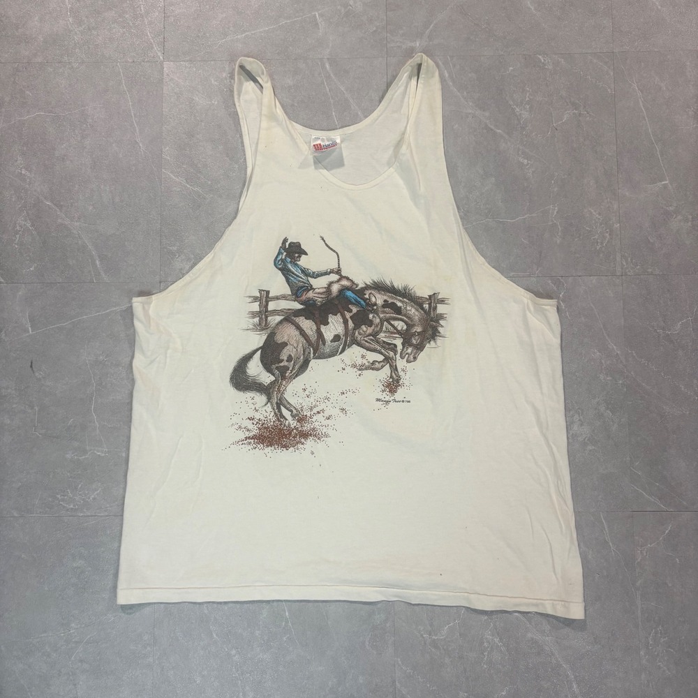 Vintage 1986 Hanes Heavyweight Cowboy Bronco Graphic Tank Top Mens XL Cream USA